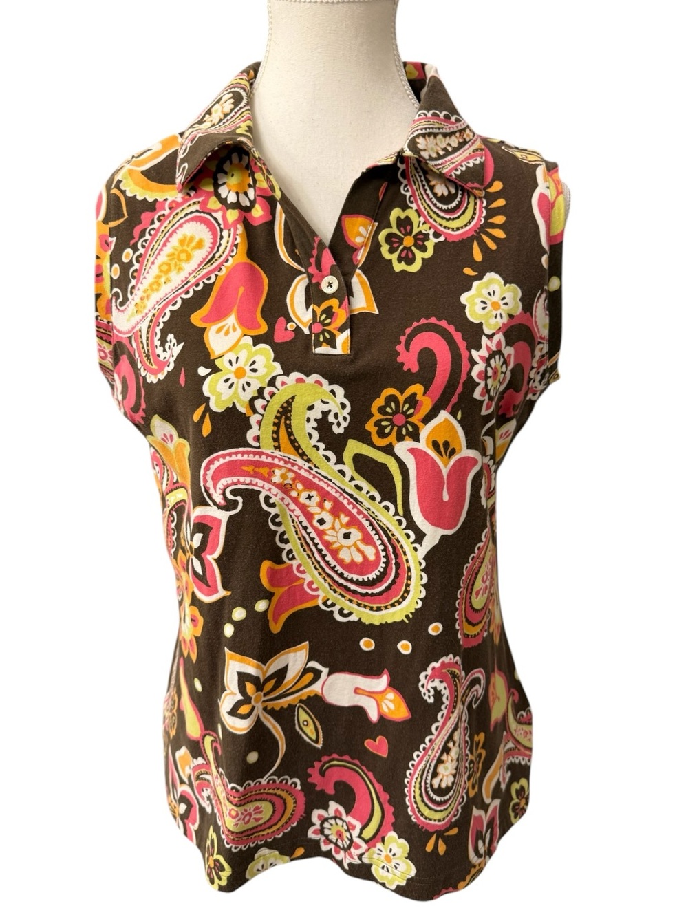 Adidas Paisley Floral Sleeveless Golf Polo Top L Retro Sporty Chic Stretch - Picture 2 of 10